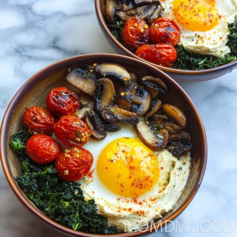 Savory Breakfast Bowls with Mushrooms, Cherry Tomatoes, Spinach, and Hummus Recipe