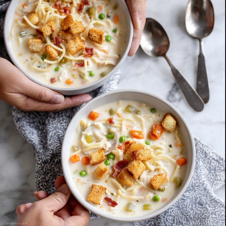 Creamy Chicken Noodle Soup with Mini Croutons Recipe